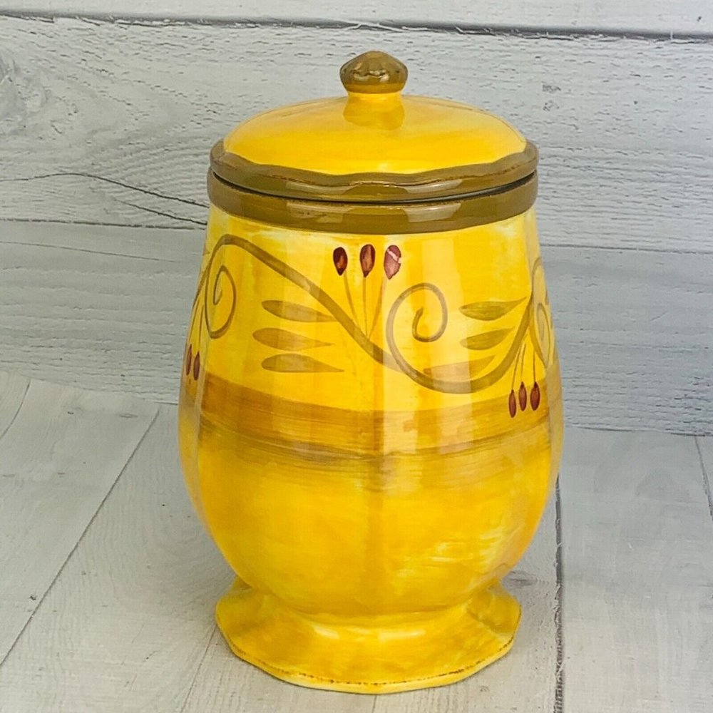 Gibson Verdona HERITAGE PARK Green Scroll Yellow Stoneware 11" Lidded Canister - Picture 2 of 10